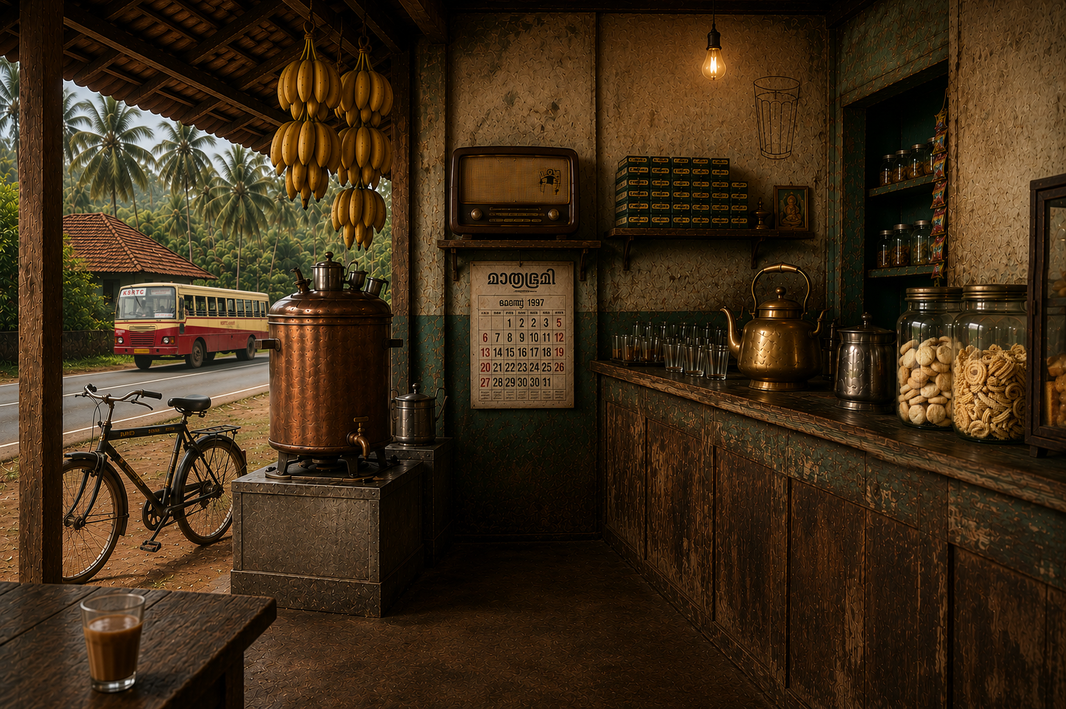 Illustrated interior of an old Kerala roadside tea shop with a wooden counter, glass tea cups, an old radio and coconut trees outside
